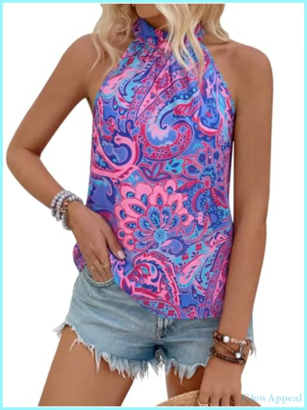 Women's Sleeveless Halter Tank Top - Bohemian Paisley Print Summer Blouse